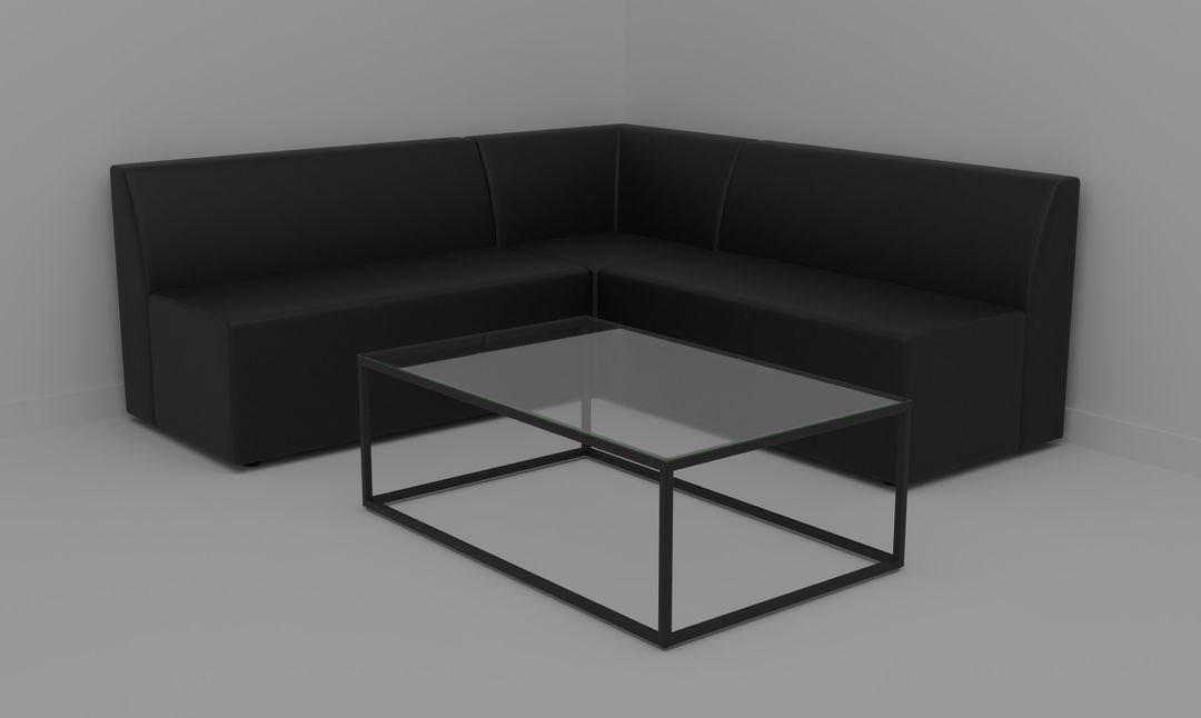 Black modular corner sofa with a glass-topped coffee table