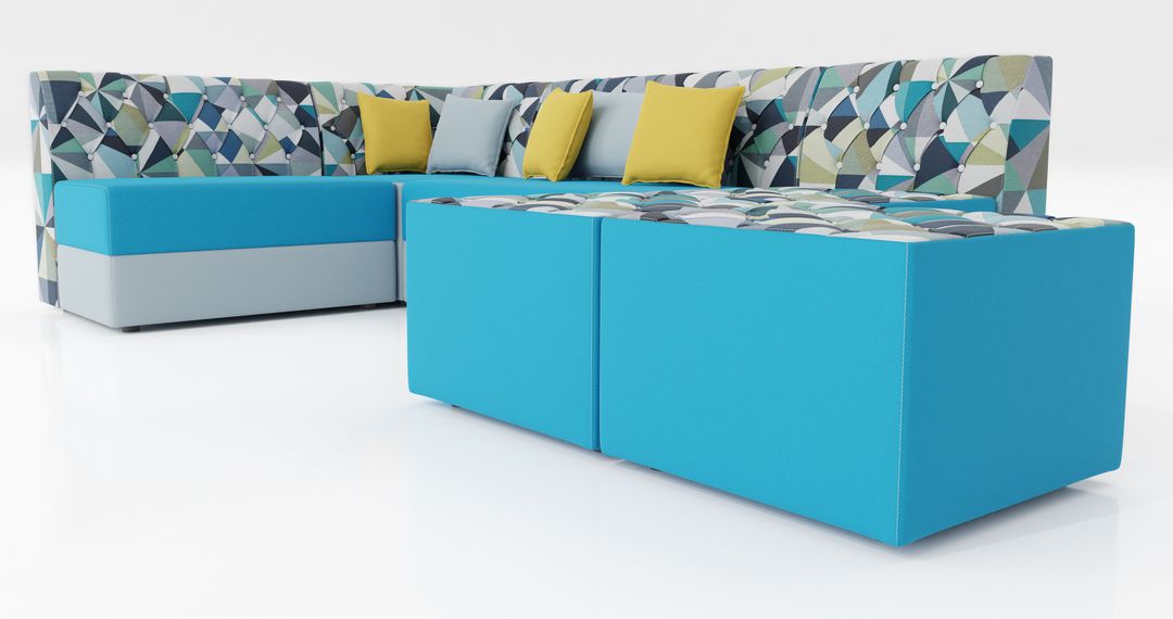 Turquoise and patterned modular benches arranged as a seating island