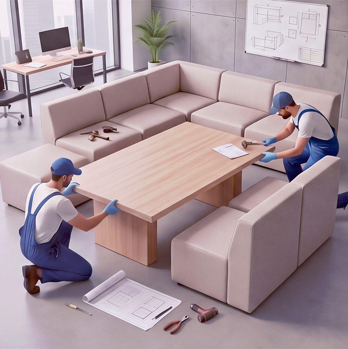 Two installers setting a wood table inside a modular lounge seating group